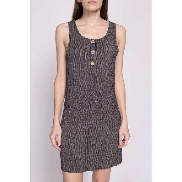 90s Striped Knit Fitted Mini Tank Dress - Medium | Vintage Grunge Pinafore Dress - Picture 2 of 8
